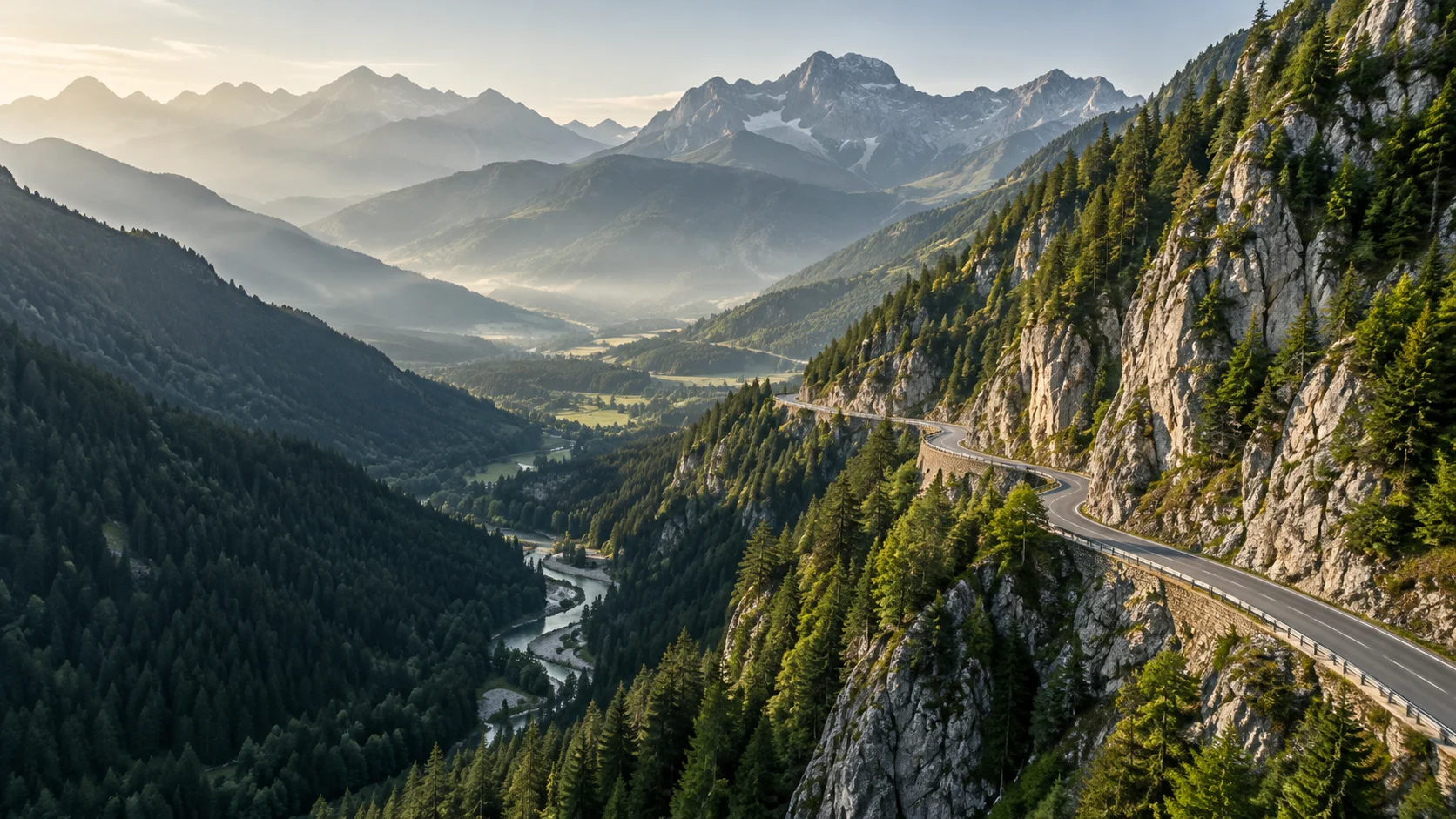 A mountain road following a forested alpine slope