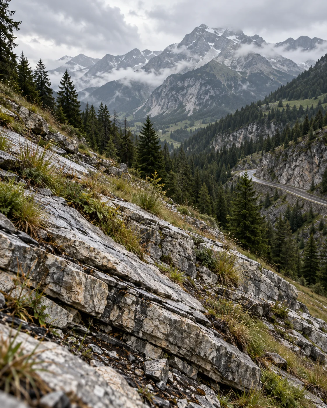 Alpine rock slope above a winding mountain road